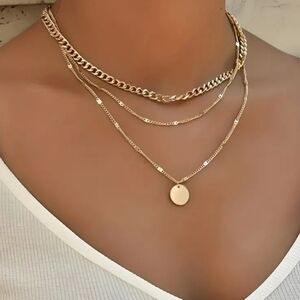 14K Gold Plated 3 Layered Gold Plated Chain Necklace NEW